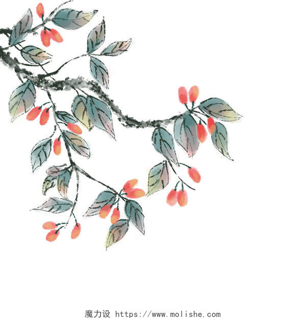 彩色手绘原创古风中国风水墨树枝植物元素PNG素材